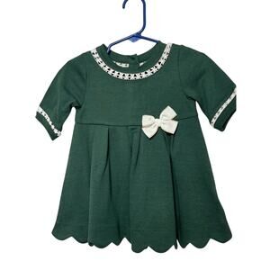 Tahari Green White Crochet Trim Crewneck Christmas Dress Size 2T Bow